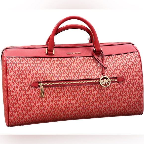 Michael Kors Travel XL Large Duffle Bag Signature MK Bright Red Gold - Picture 2 of 5